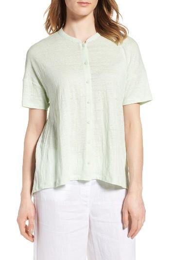 Women's Eileen Fisher Mandarin Collar Organic Linen Knit Shirt, Size - Green