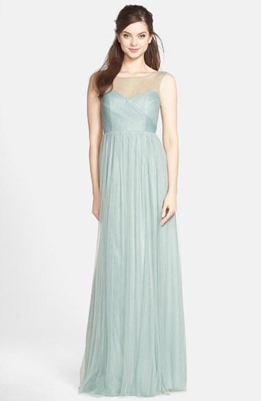 Women's Jenny Yoo 'aria' Illusion Yoke Pleated Tulle Gown - Blue