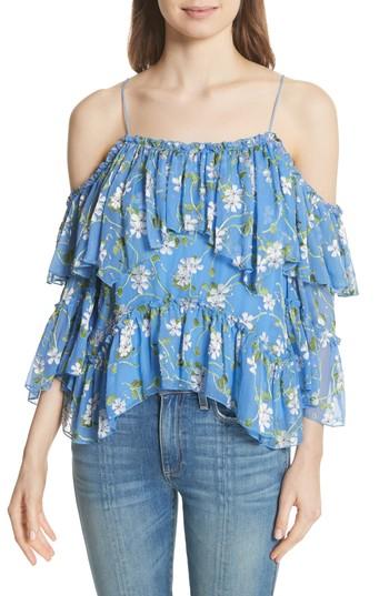 Women's Alice + Olivia Tia Ruffle Floral Print Blouse - Blue