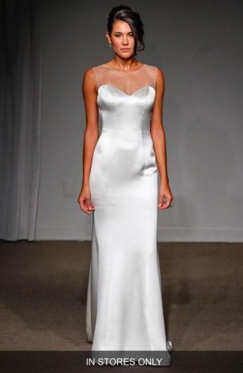 Women's Anna Maier Couture 'nicole' Illusion Neck Satin A-line Gown, Size - White
