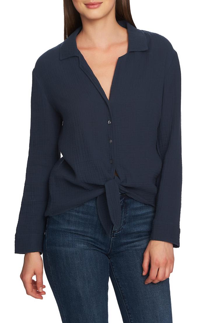 Women's 1.state Button-up Tie Front Top - Blue