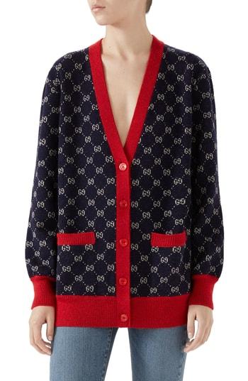 Women's Gucci Gg Logo Jacquard Cardigan - Blue
