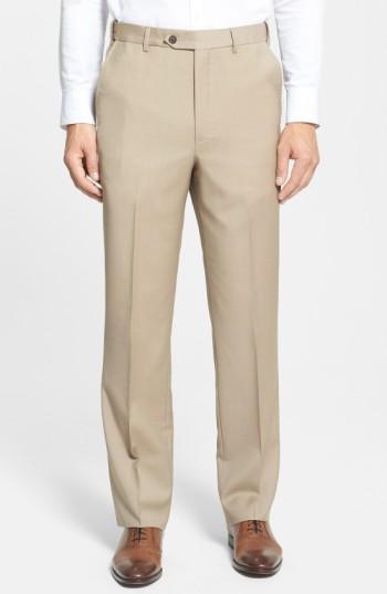 Men's Berle Self Sizer Waist Flat Front Wool Trousers X 34 - Beige