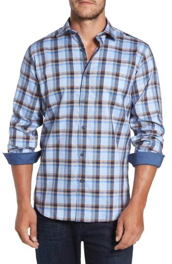 Men's Bugatchi Classic Fit Dobby Check Sport Shirt, Size - Blue