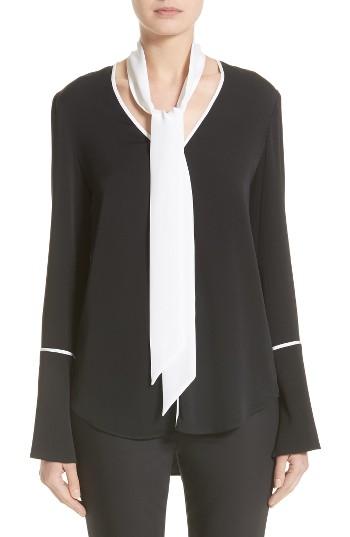 Women's St. John Collection Stretch Silk Double Georgette Blouse With Removable Scarf, Size - Black