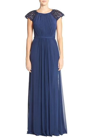 Women's La Femme Embellished Gathered Net Jersey Gown