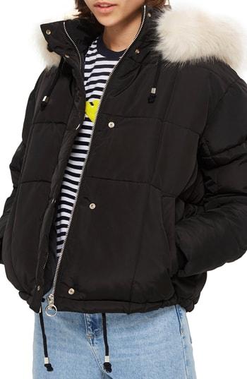 Women's Topshop Faux Fur Lined Quilted Puffer Jacket Us (fits Like 0-2) - Black