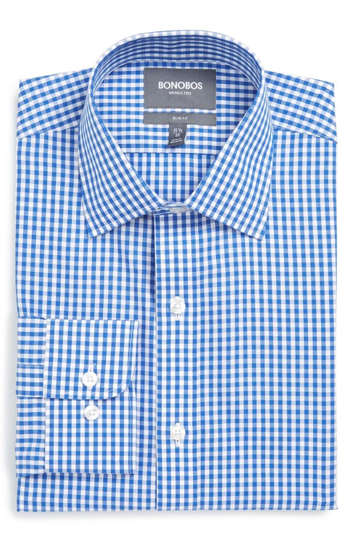 Men's Bonobos Slim Fit Wrinkle Free Check Dress Shirt - 34 - Blue