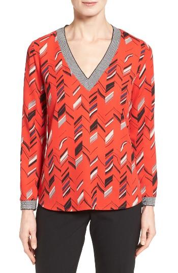 Women's Halogen Rib Trim Long Sleeve Blouse - Red