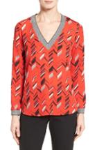 Women's Halogen Rib Trim Long Sleeve Blouse - Red
