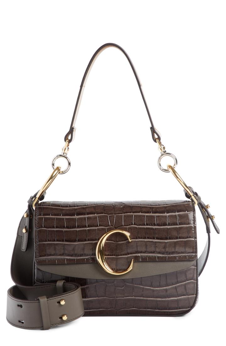 Chloe Croc Embossed Leather Shoulder Bag - Brown
