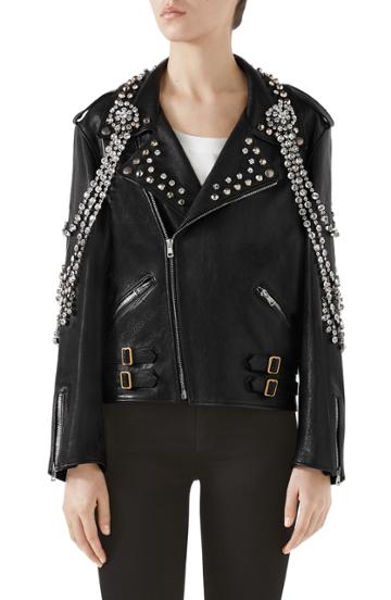 Women's Gucci Back Logo Crystal Embellished Biker Jacket Us / 42 It - Black