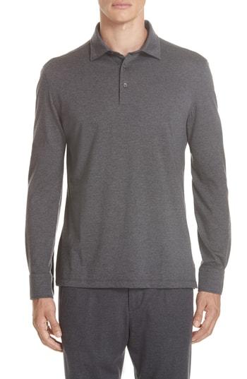 Men's Ermenegildo Zegna Wool & Cotton Long Sleeve Polo Shirt Us / 52 Eu - Grey