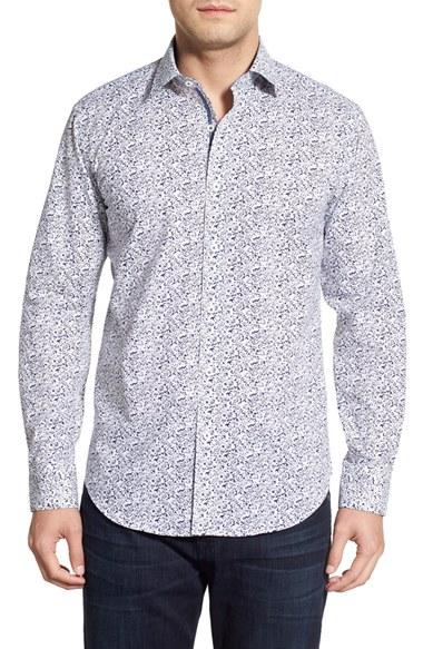 Men's Bugatchi Classic Fit Floral Sport Shirt, Size - Blue