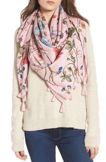 Women's Treasure & Bond Floral Print Tassel Silk Scarf, Size - Pink