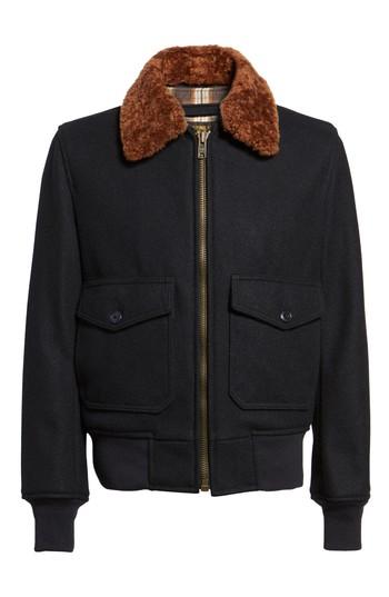 Men's Schott Nyc 'g-1' Zip Front Bomber With Genuine Shearling Collar, Size - Blue