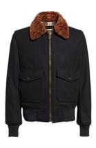 Men's Schott Nyc 'g-1' Zip Front Bomber With Genuine Shearling Collar, Size - Blue