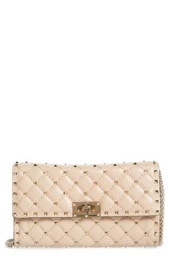 Women's Valentino Garavani Metelasse Rockstud Spike Leather Wallet On A Chain - Beige