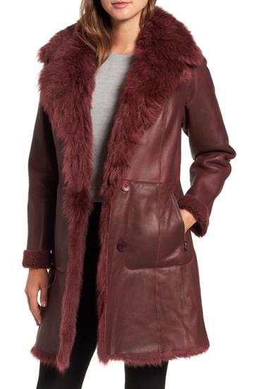 Women's Hiso Reversible Genuine Shearling Coat - Burgundy