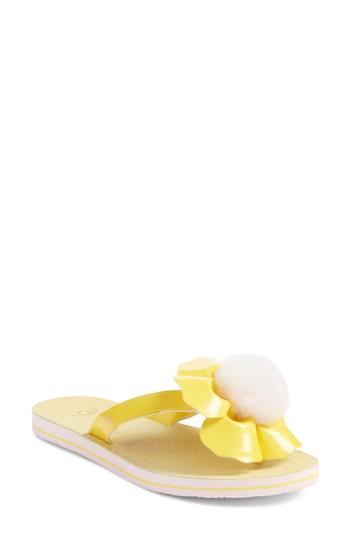 Women's Ugg Poppy Genuine Shearling Pompom Flip Flop M - Yellow