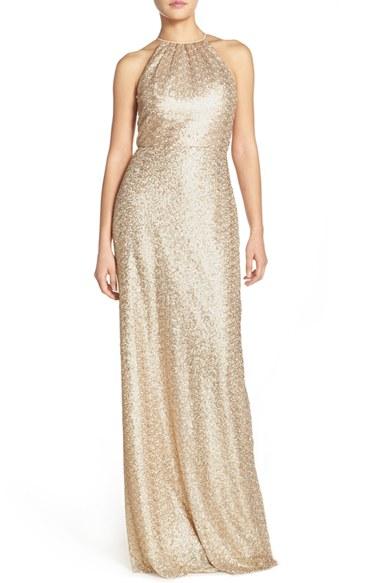 Women's Amsale 'chandler' Sequin Tulle Halter Style Gown - Metallic