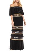 Women's Tadashi Shoji Velvet Ruffle & Lace Off The Shoulder Gown