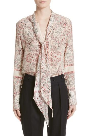 Women's Belstaff Alene Print Tie Neck Silk Blouse Us / 40 It - Beige