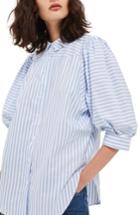 Women's Topshop Stripe Puff Sleeve Shirt Us (fits Like 0-2) - Blue