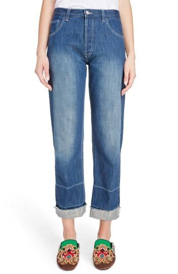 Women's Loewe Embroidered Crop Straight Leg Jeans Us / 34 Fr - Blue