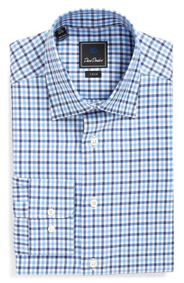 Men's David Donahue Trim Fit Plaid Dress Shirt .5 32/33 - Blue