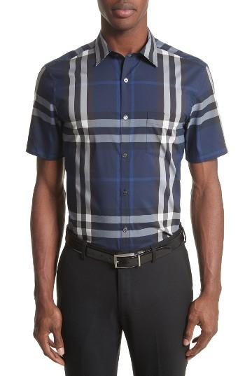 Men's Burberry Nelson Trim Fit Plaid Sport Shirt - Blue