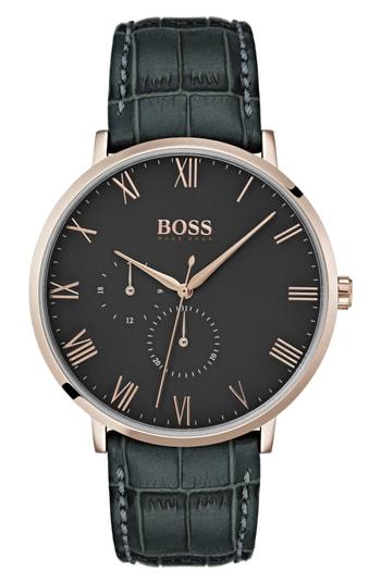 Men's Boss William Leather Strap Watch, 40mm