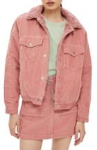 Women's Topshop Cotton Corduroy & Faux Shearling Jacket Us (fits Like 0-2) - Pink
