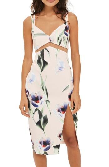 Women's Topshop Mesh Inset Tulip Print Midi Dress Us (fits Like 0) - Pink