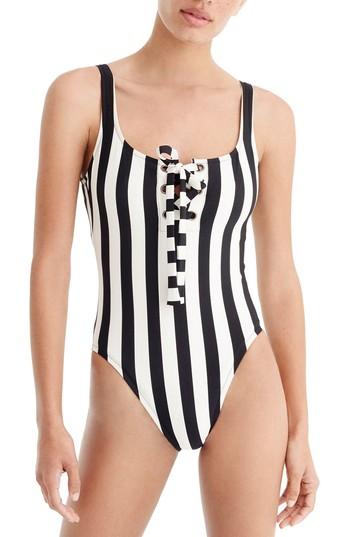 Women's J.crew Stripe Lace-up One-piece Swimsuit - Black