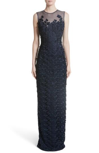 Women's Carmen Marc Valvo Floral Lace Column Gown - Blue