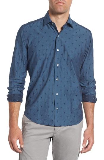 Men's Cultruata Trim Fit Skull Print Denim Sport Shirt - Blue