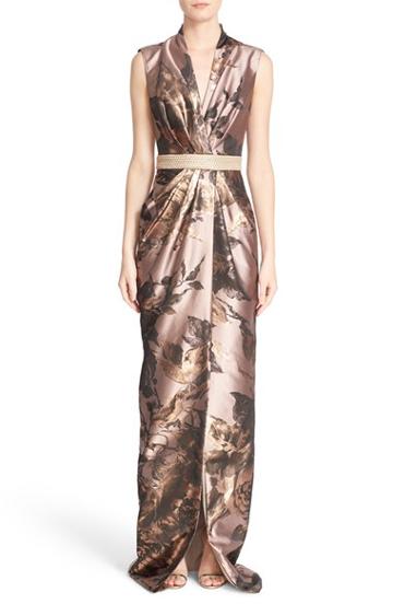 Women's Badgley Mischka Couture Embellished Waist Sleeveless Floral V-neck Gown