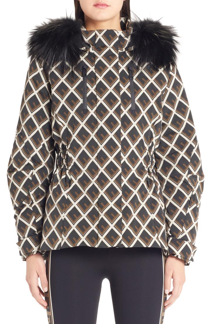 Women's Fendi Deco-f Technical Coat With Genuine Fox Fur Trim Us / 40 It - Black