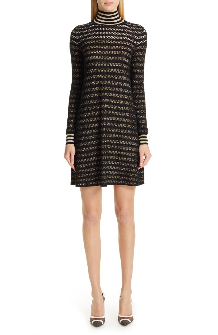 Women's Fendi Striped Silk Stretch Lace Turtleneck Dress Us / 36 It - Black