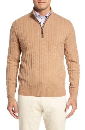 Men's Peter Millar Crown Cable Knit Wool Blend Quarter Zip Pullover - Beige