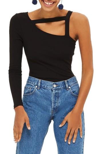 Women's Topshop Strappy One Shoulder Bodysuit Us (fits Like 6-8) - Black