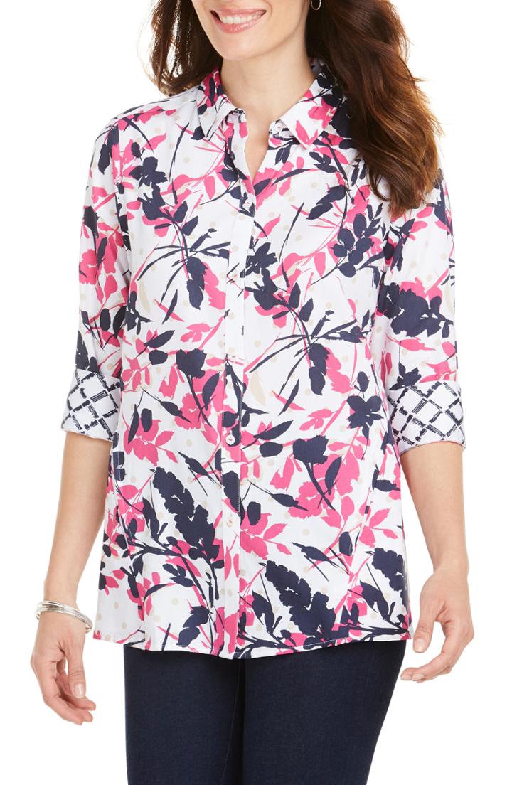 Women's Foxcroft Carlene Brushstroke Floral Shirt - White