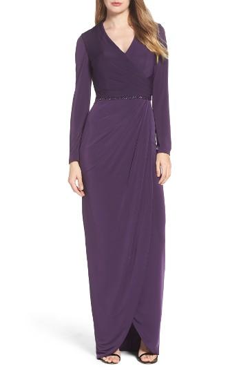 Women's La Femme Embellished Faux Wrap Gown