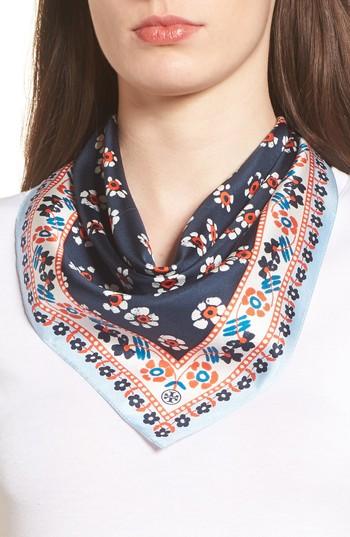 Women's Tory Burch Floral Stamped Silk Scarf, Size - Blue