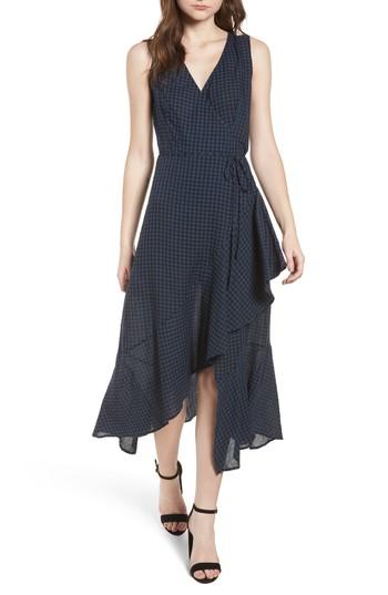 Women's Asymmetrical Ruffle Plaid Maxi Dress - Blue