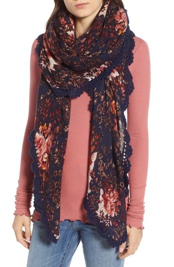 Women's Treasure & Bond Printed Crochet Trim Scarf, Size - Black