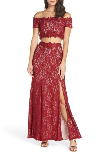 Women's Sequin Hearts Two-piece Off The Shoulder Lace Gown - Burgundy
