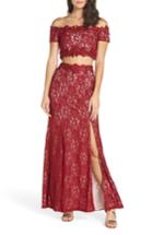 Women's Sequin Hearts Two-piece Off The Shoulder Lace Gown - Burgundy