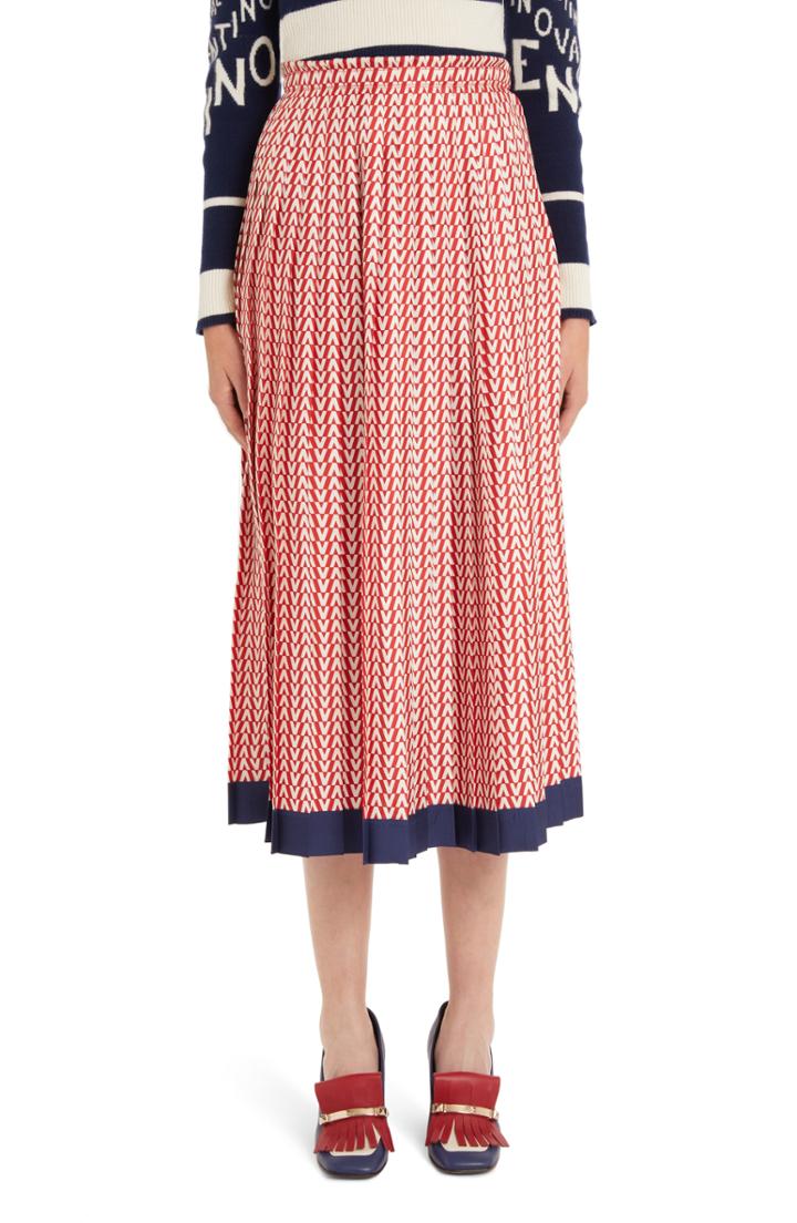 Women's Valentino V-print Silk Twill Pleated Midi Skirt - Red
